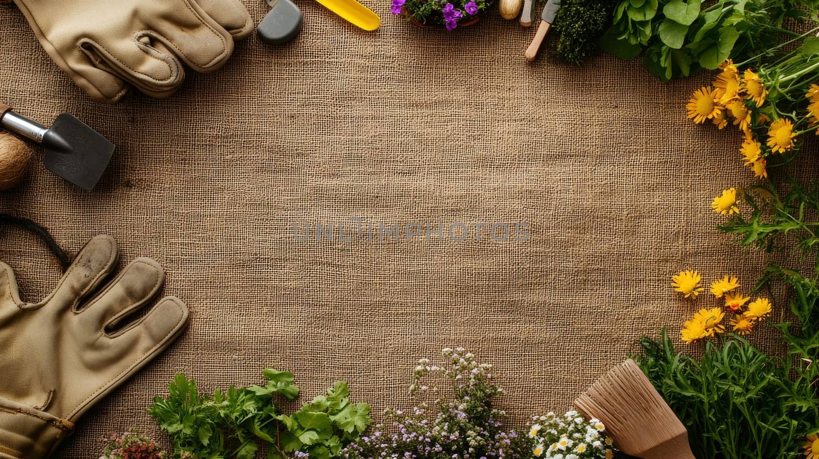 Gardening gloves, tools, and colorful flowers arranged on rustic burlap texture with copy space, perfect for spring gardening concept.