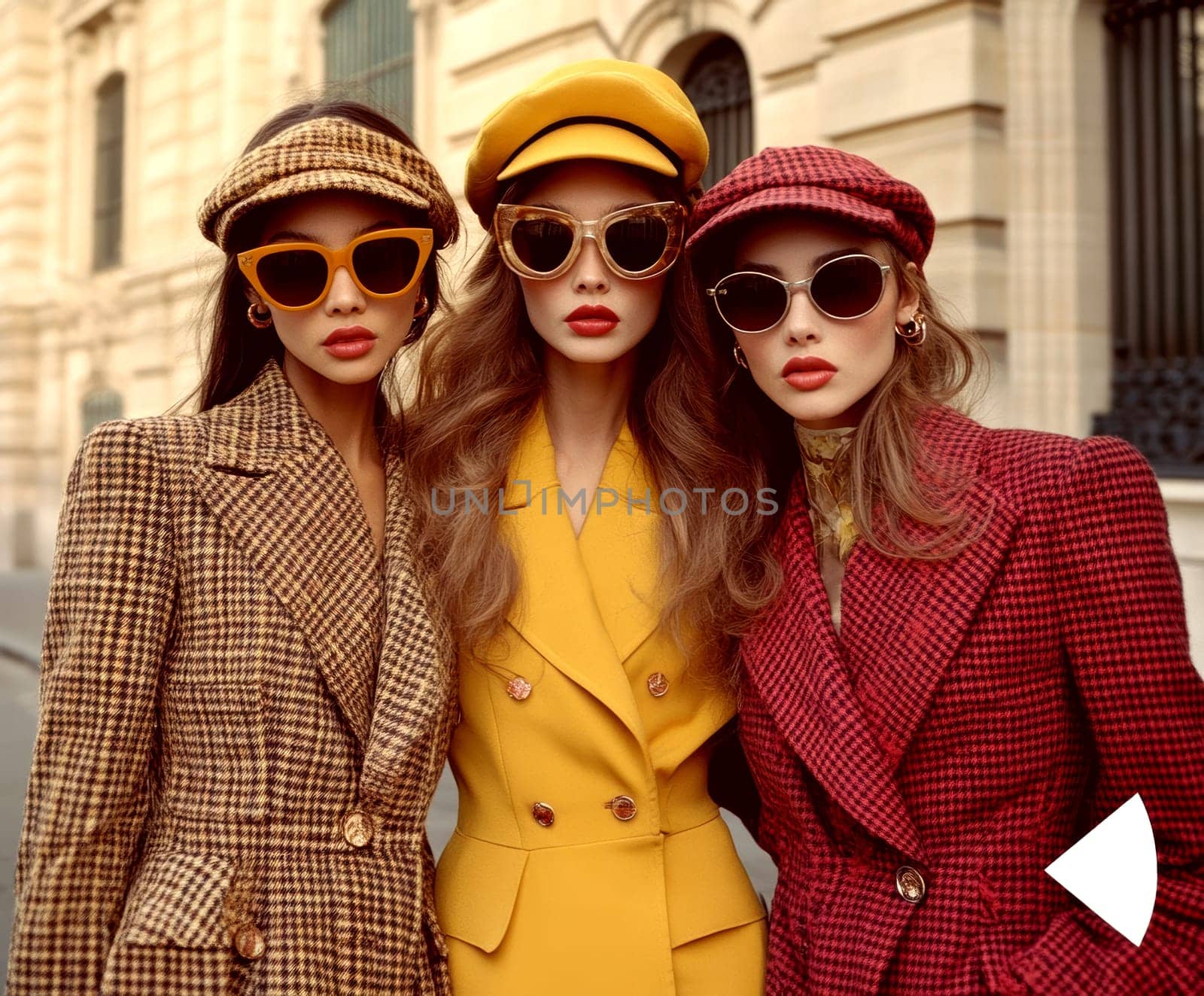 Women photographed on the street, all 70s style. AI generative