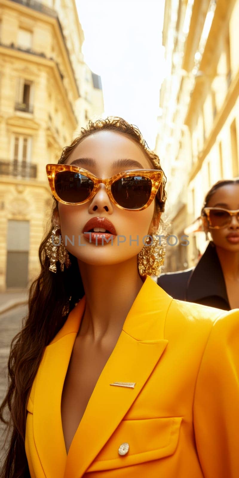 Women photographed on the street, all 70s style. AI generative