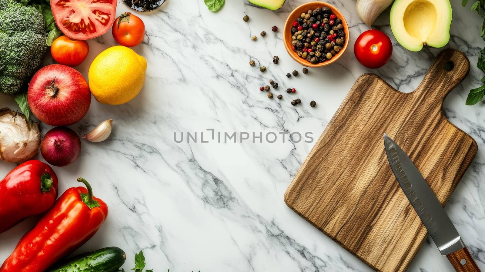 Variety of fresh vegetables, fruits, and spices arranged on white marble countertop with wooden cutting board and chef's knife, copy space available.