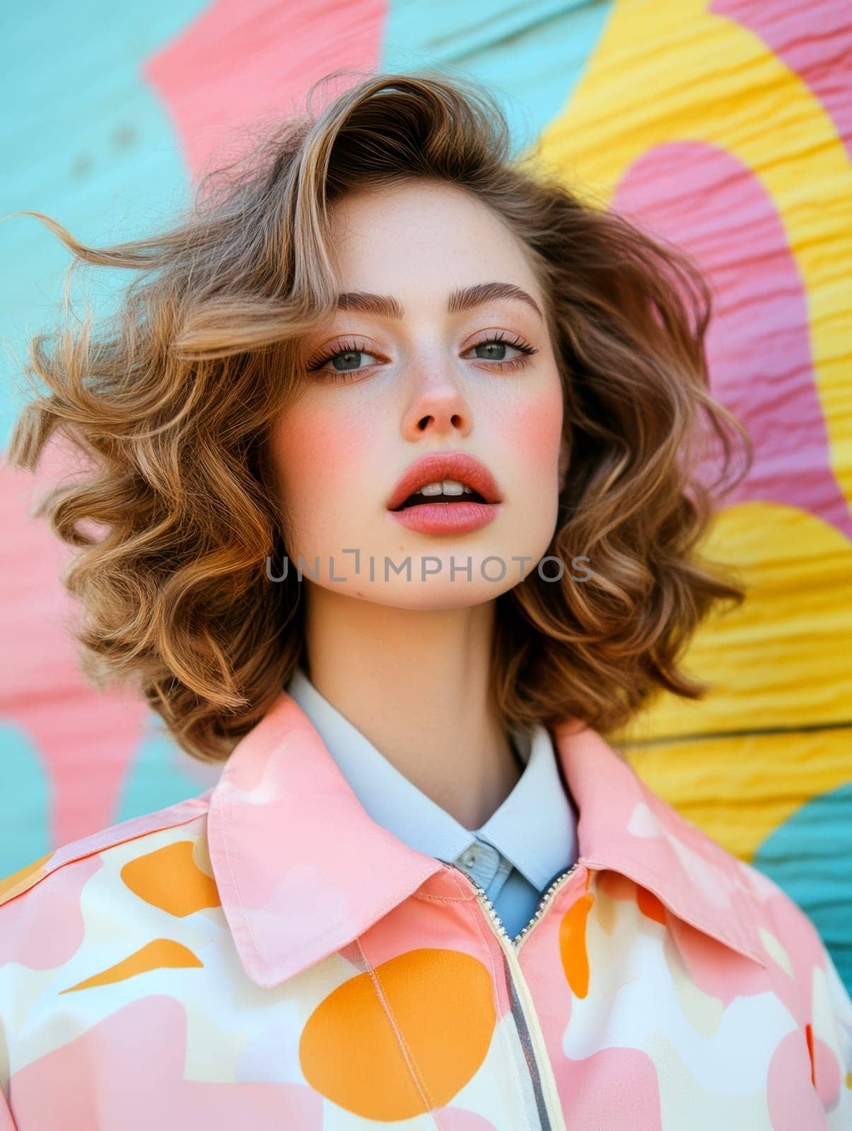 An elegant and sophisticated model  wearing a ready-to-wear collection in a vibrant pop art probabilistic color palette.Ai generative.