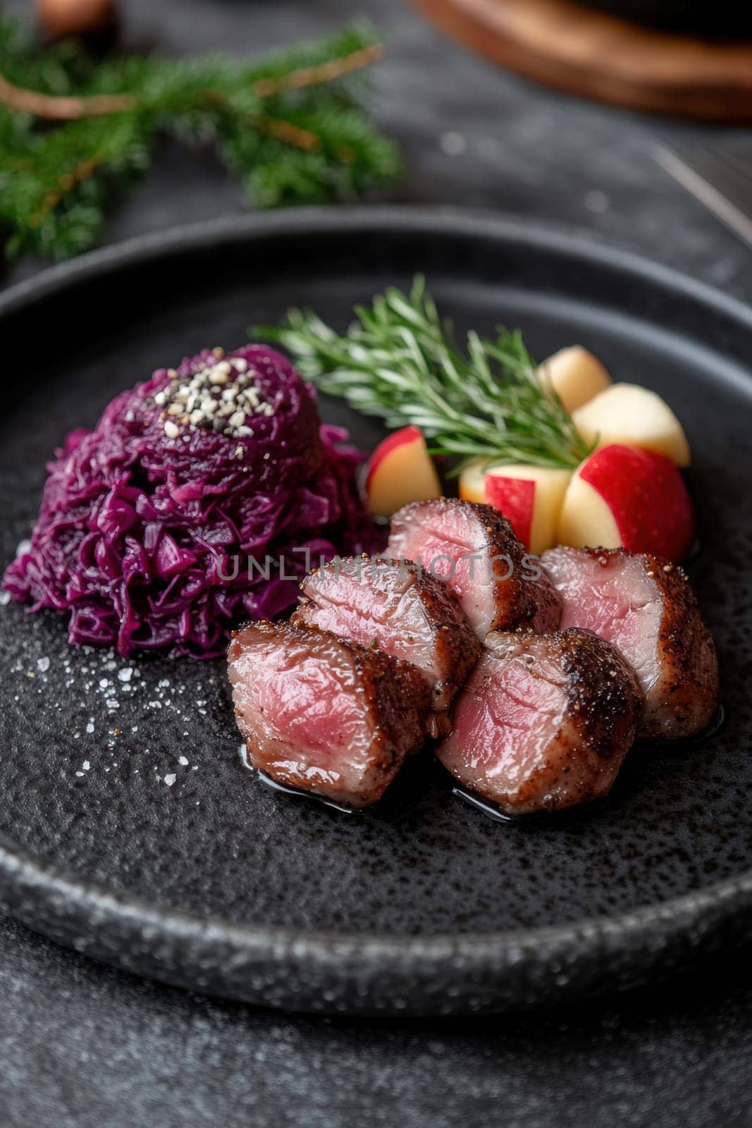 Duck fillet,red cabbage and apple mousse. AI generative.
