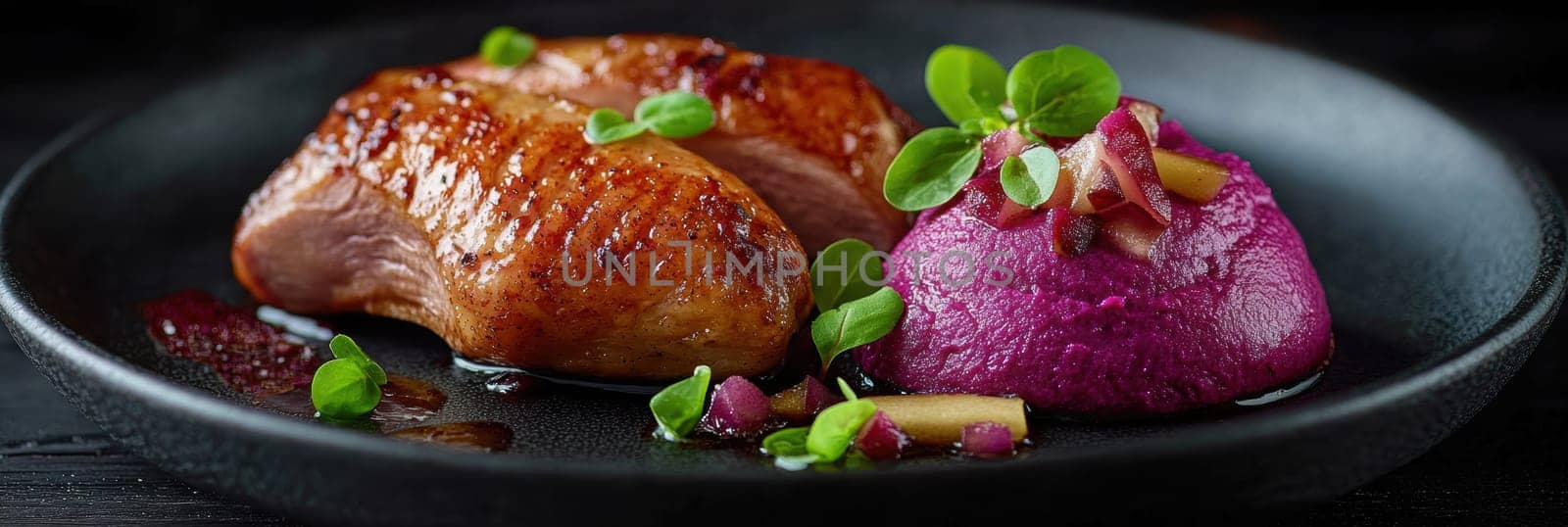 Duck fillet,red cabbage and apple mousse. AI generative.