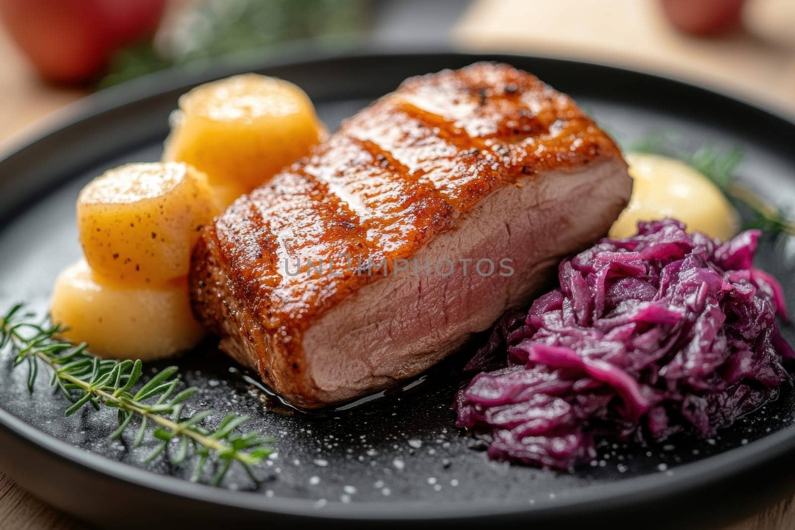 Duck fillet,red cabbage and apple mousse. AI generative.