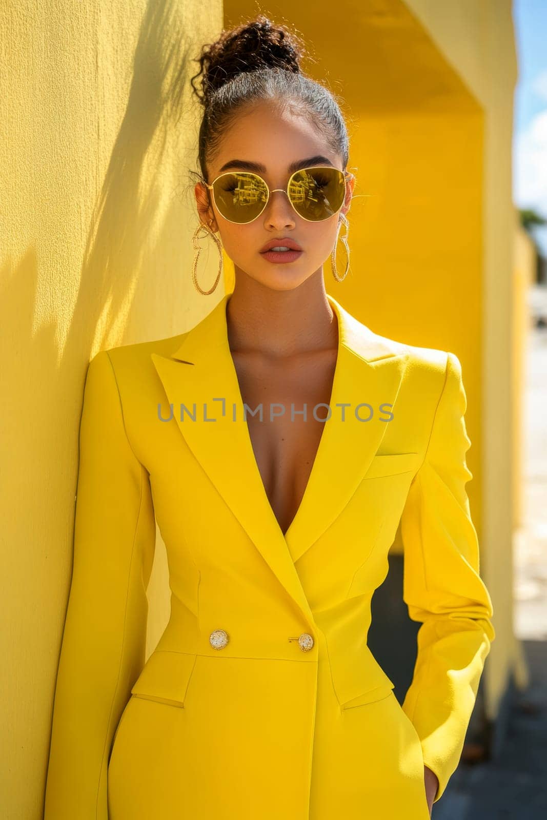 An elegant and sophisticated model  wearing a ready-to-wear collection in a vibrant pop art probabilistic color palette.Ai generative.