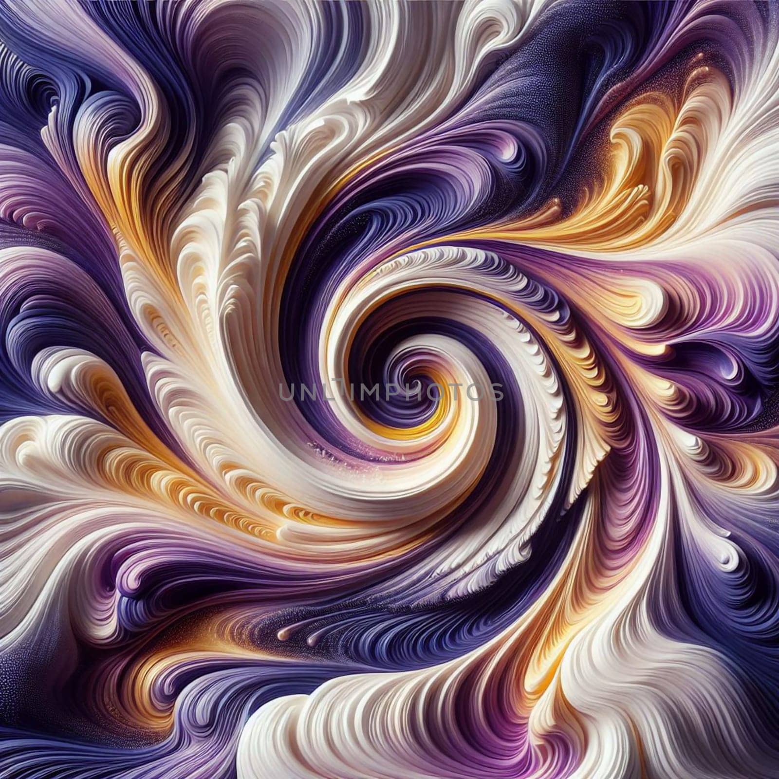A swirling, abstract pattern of purple, white, and gold swirls. The swirls are intricate and detailed, creating a sense of movement and depth. A high-quality AI-generated photo.