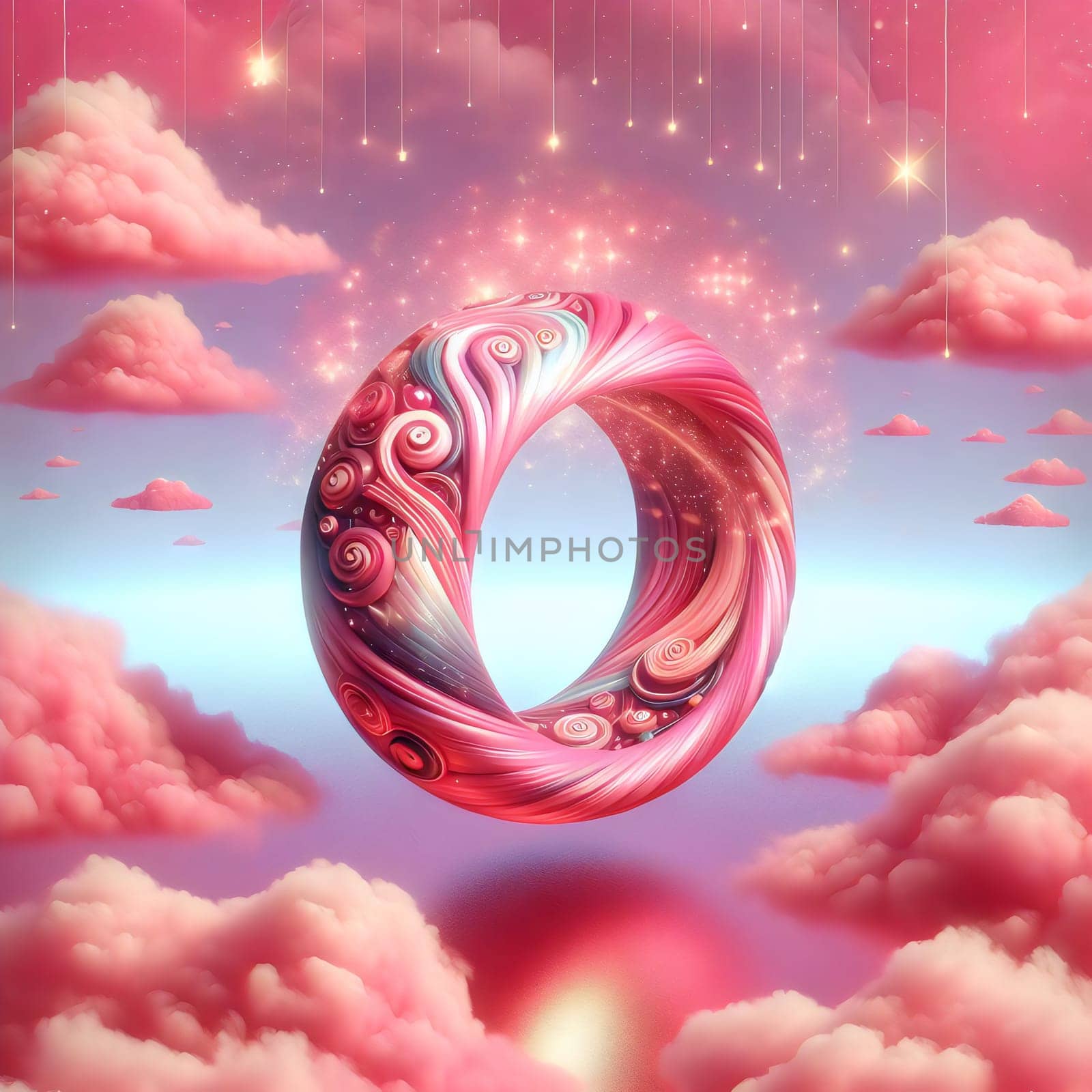 A pink, swirling, ring-like object, floating in a sky with clouds and stars. A high-quality AI-generated photo.