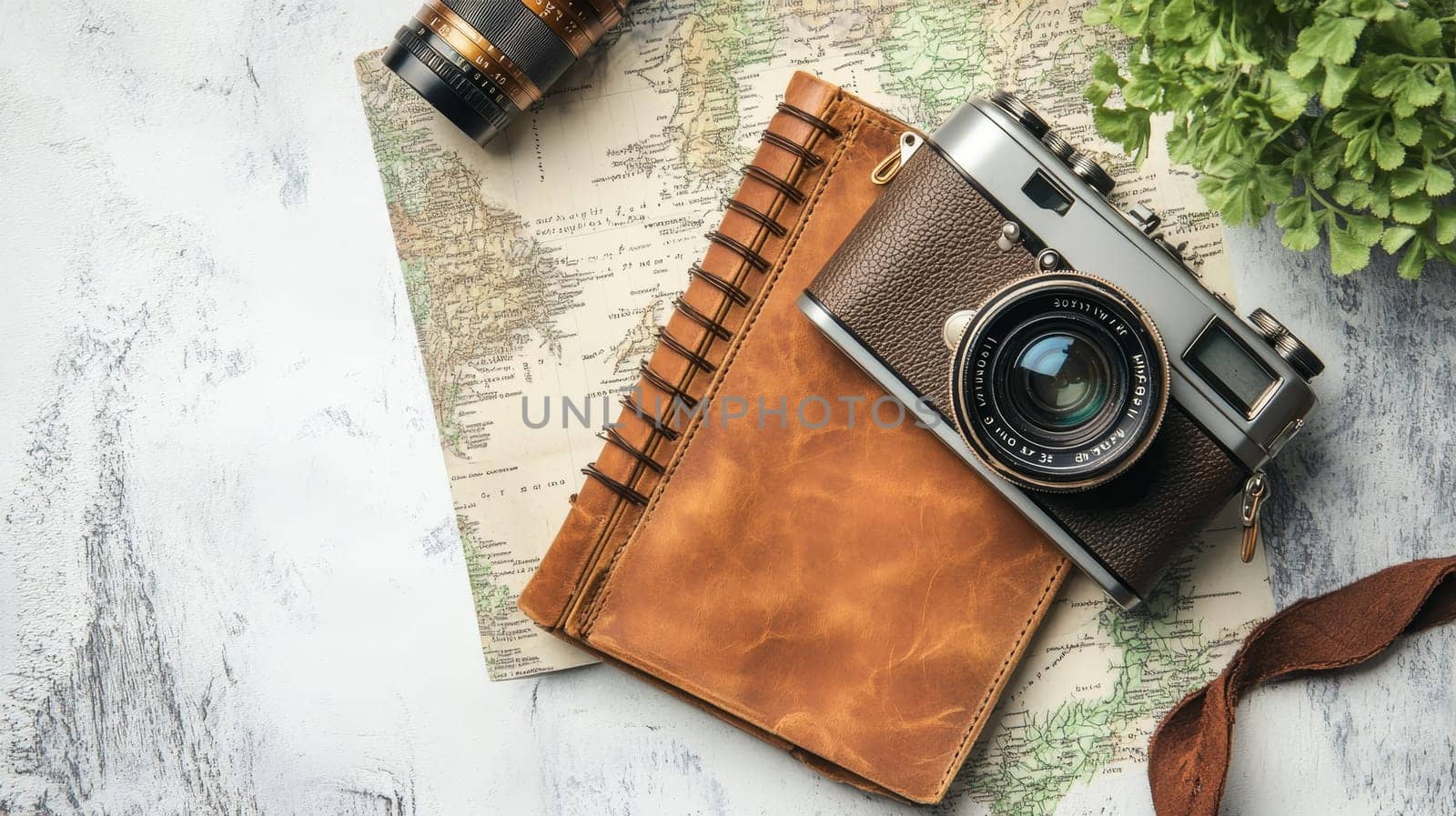Vintage camera, leather journal, and map laid out on a rustic white background, representing travel planning and adventure, with copy space.
