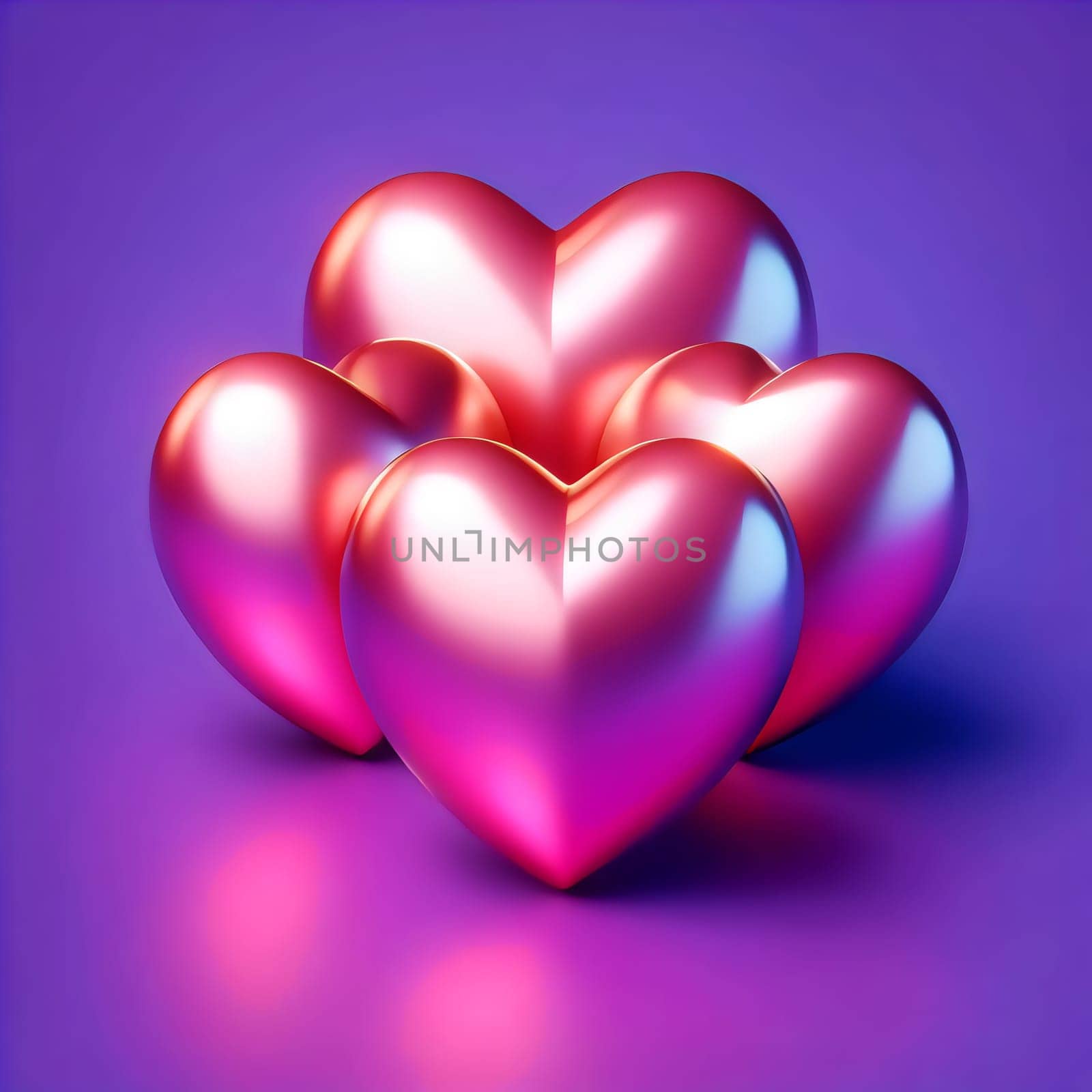 A group of shiny, pink hearts stacked on top of each other on a purple background. A high-quality AI-generated photo.