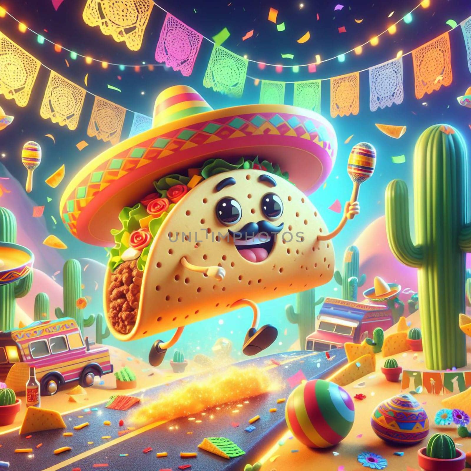 A cartoon taco with a sombrero and maracas, jumping in a desert landscape with cacti and colorful decorations. A high-quality AI-generated photo.