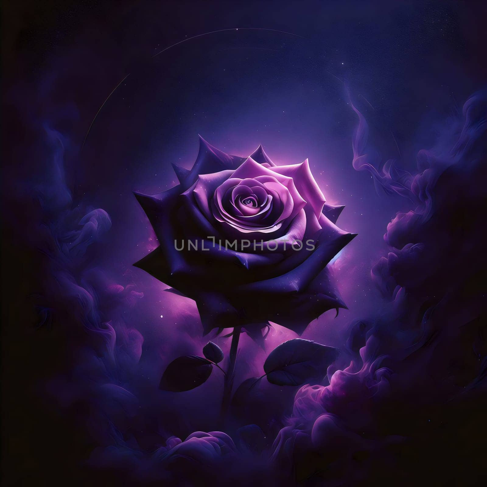 A single, dark pink rose with a glowing center, surrounded by purple smoke and stars. A high-quality AI-generated photo.