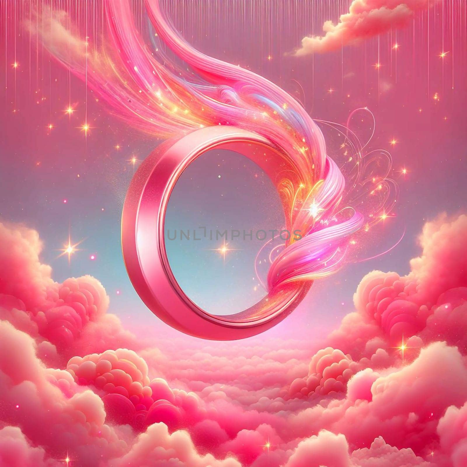 A pink ring with swirling light and stars in a pink sky with clouds. A high-quality AI-generated photo.
