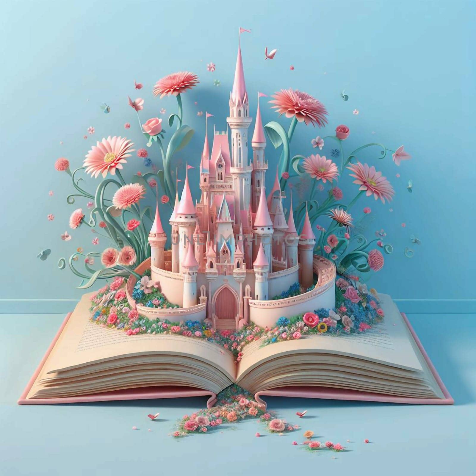 A pink castle surrounded by flowers, emerging from an open book. A high-quality AI-generated photo.