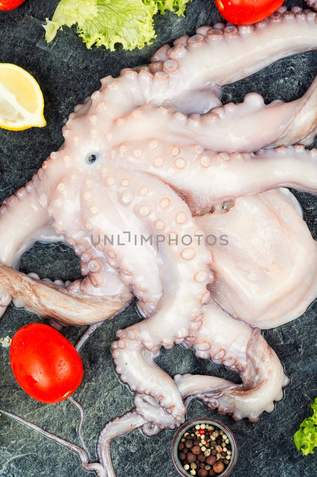 Fresh raw octopus. Concept healthy food, Mediterranean diet and seafood.