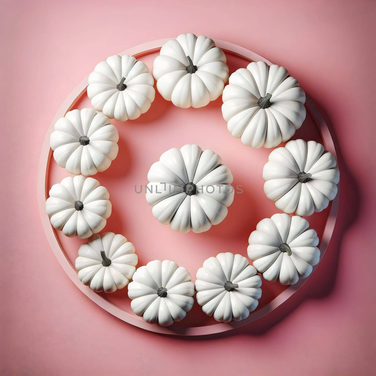 A circle of white pumpkins on a pink background. A high-quality AI-generated photo.