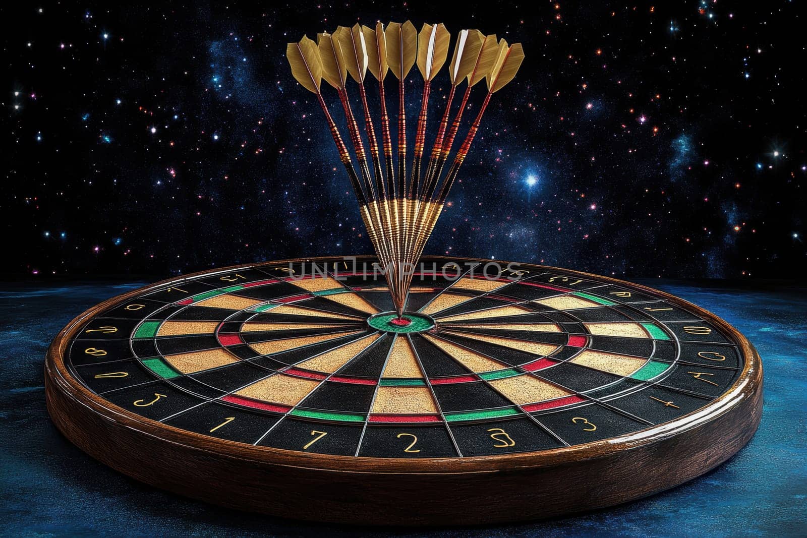 darts flying towards a circle. AI generative.