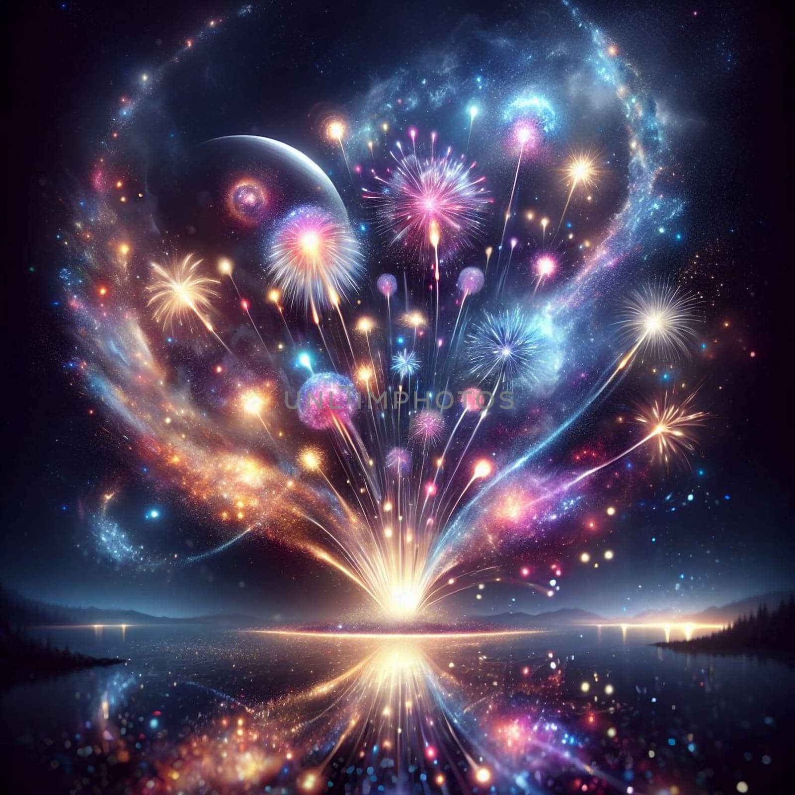 A display of colorful fireworks exploding over a lake reflecting the light. The sky is filled with stars and a crescent moon. A high-quality AI-generated photo.