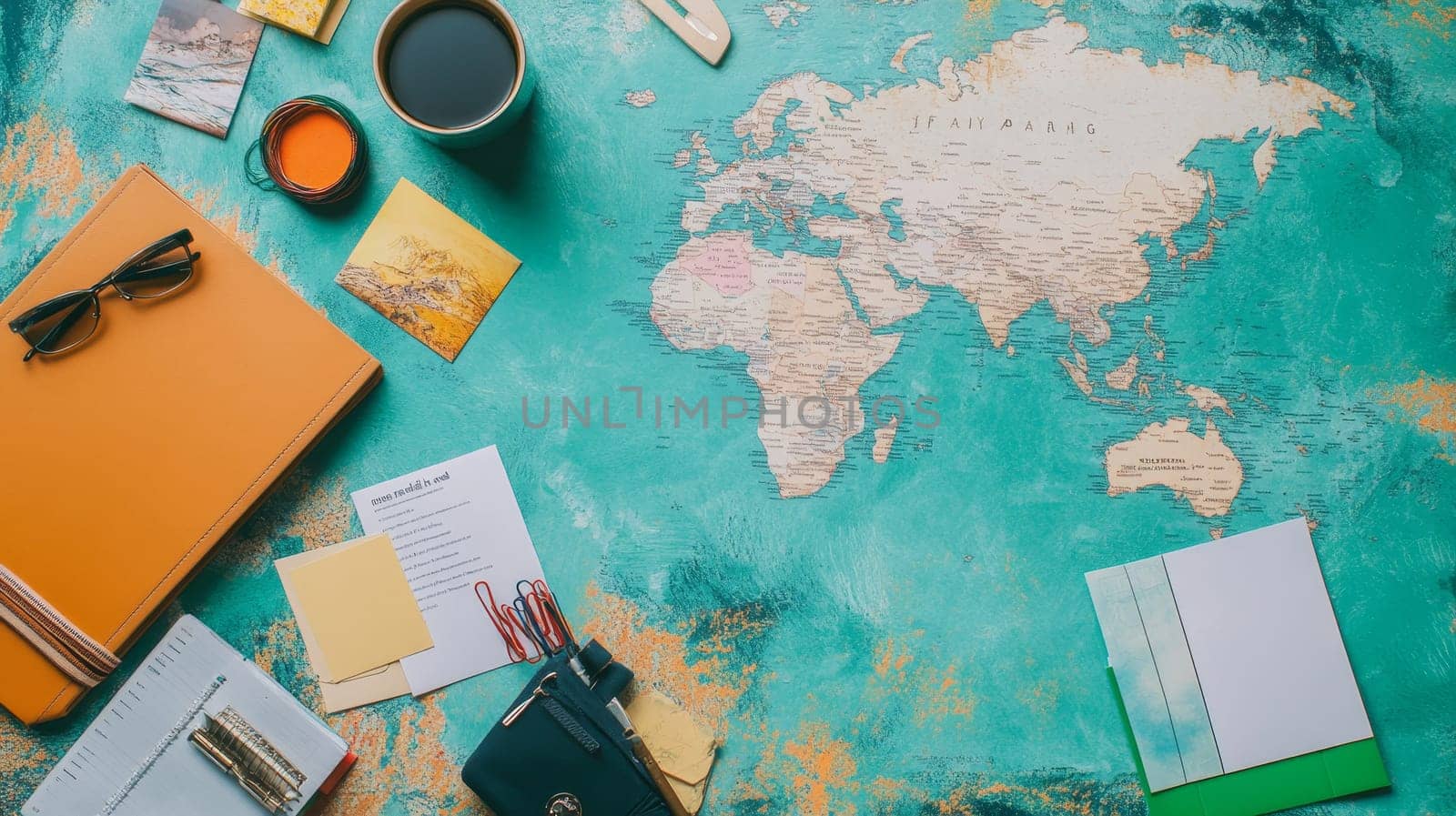 Colorful travel planning setup with world map, notebook, coffee, and various stationery items on a vibrant turquoise background.