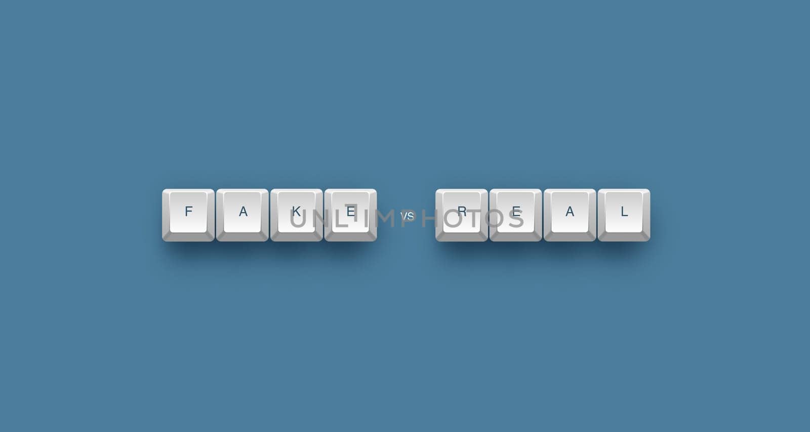 Fake vs real text on a 3d keyboard button with shadow, 3d illustration