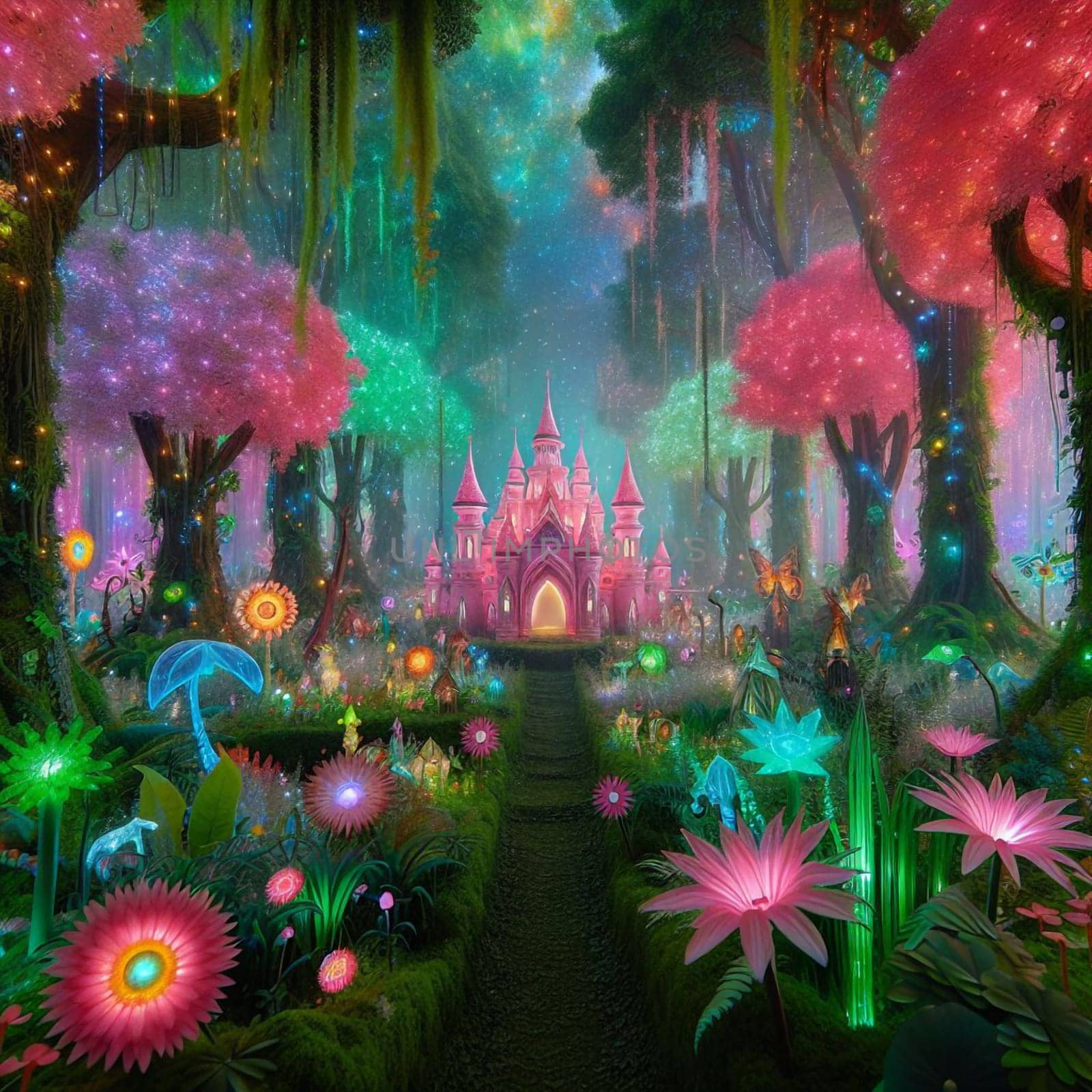 A pink castle surrounded by flowers and glowing lights in a green forest. A high-quality AI-generated photo.