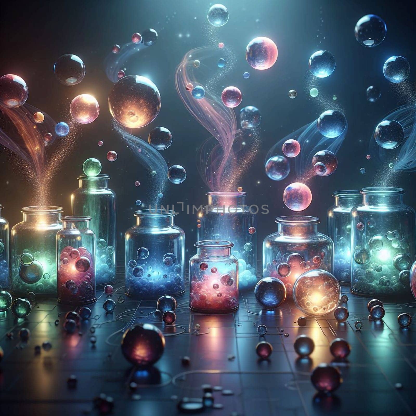 A collection of glass jars filled with colorful orbs and smoke. A high-quality AI-generated photo.