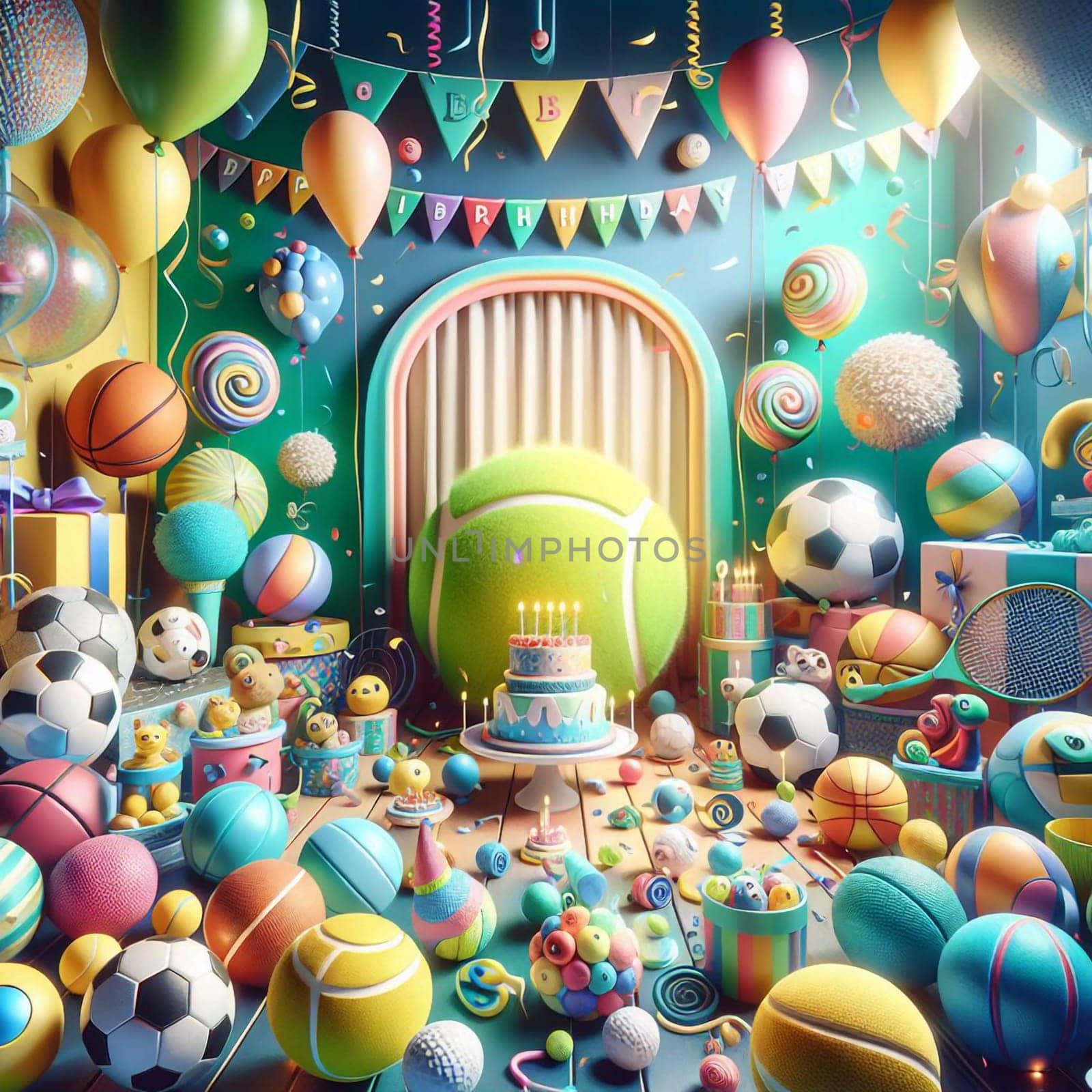 A room filled with colorful balls, balloons, and a birthday cake, with a festive, celebratory atmosphere. A high-quality AI-generated photo.