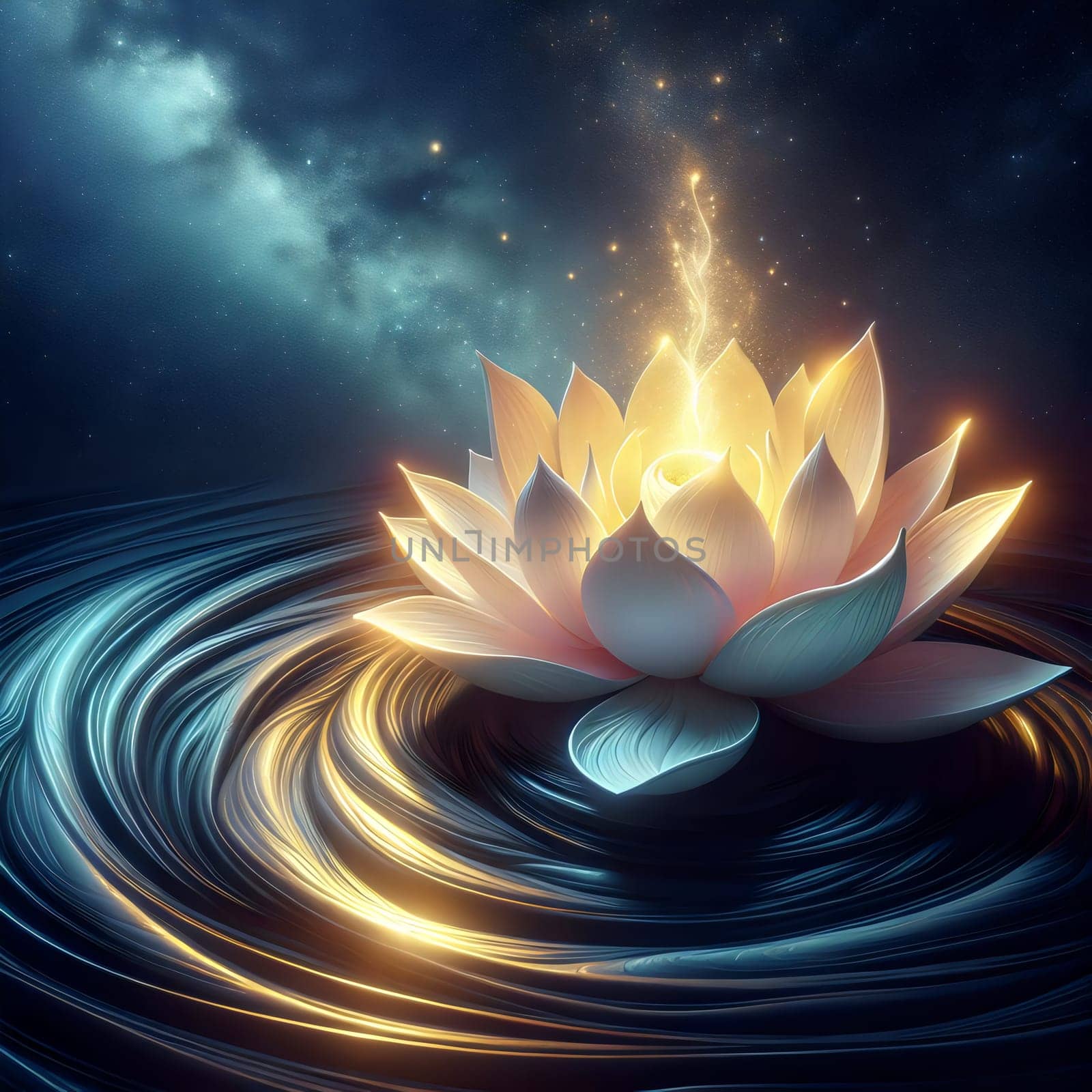 A glowing white lotus flower floating on swirling, golden water. A high-quality AI-generated photo.