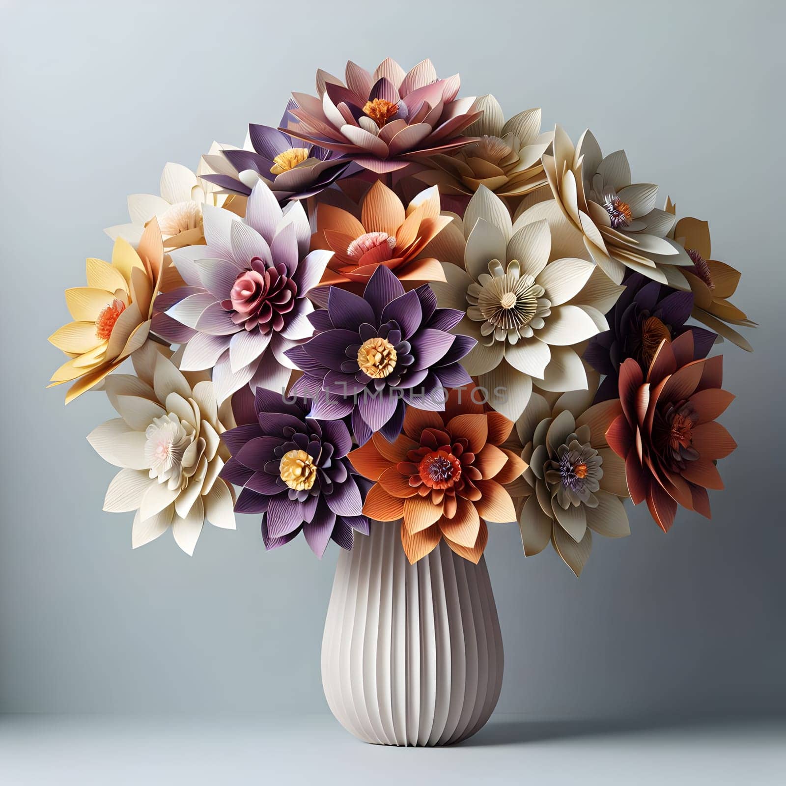 A vase with a bouquet of colorful paper flowers. A high-quality AI-generated photo.