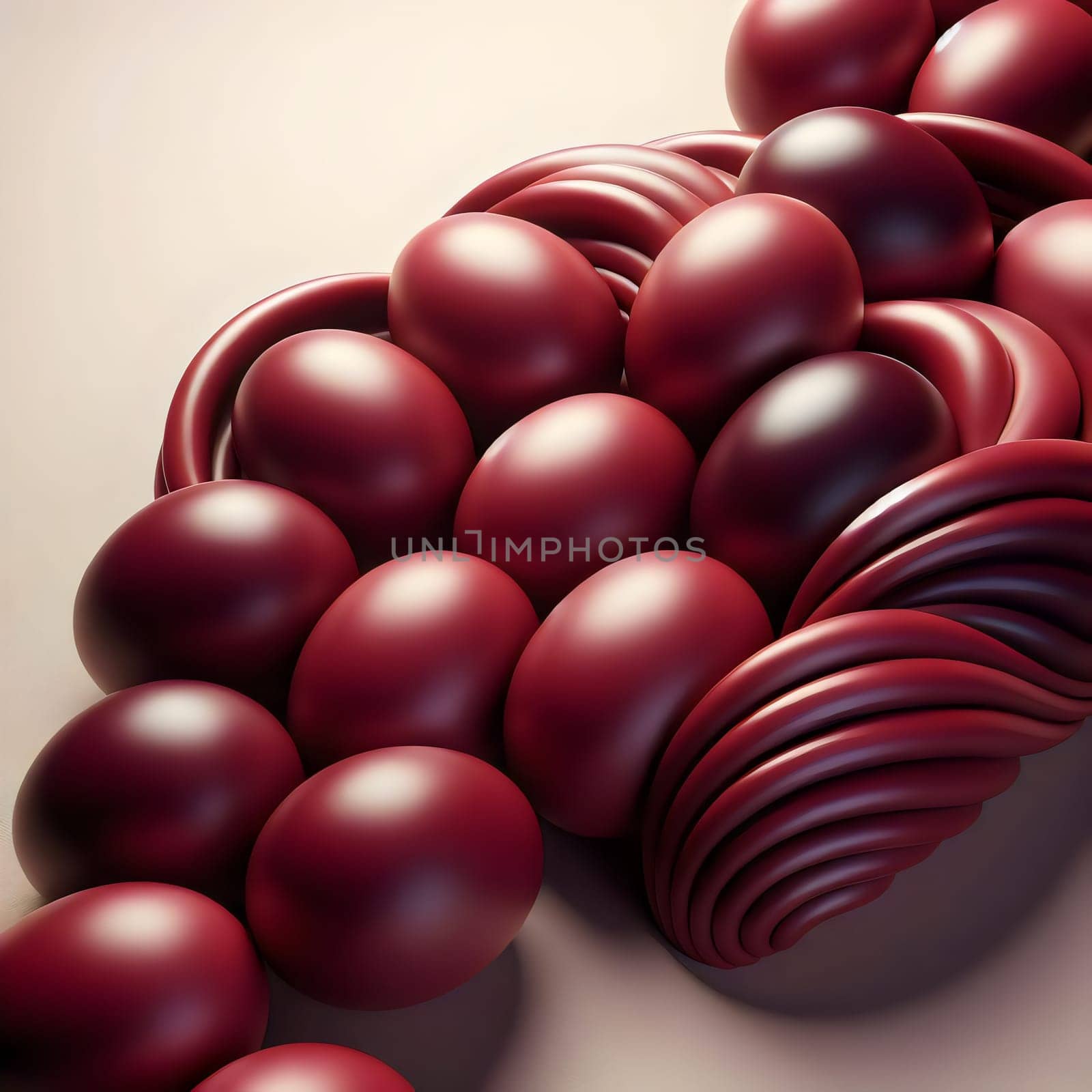 A cluster of red, textured orbs, arranged in a spiral formation, against a beige background. A high-quality AI-generated photo.