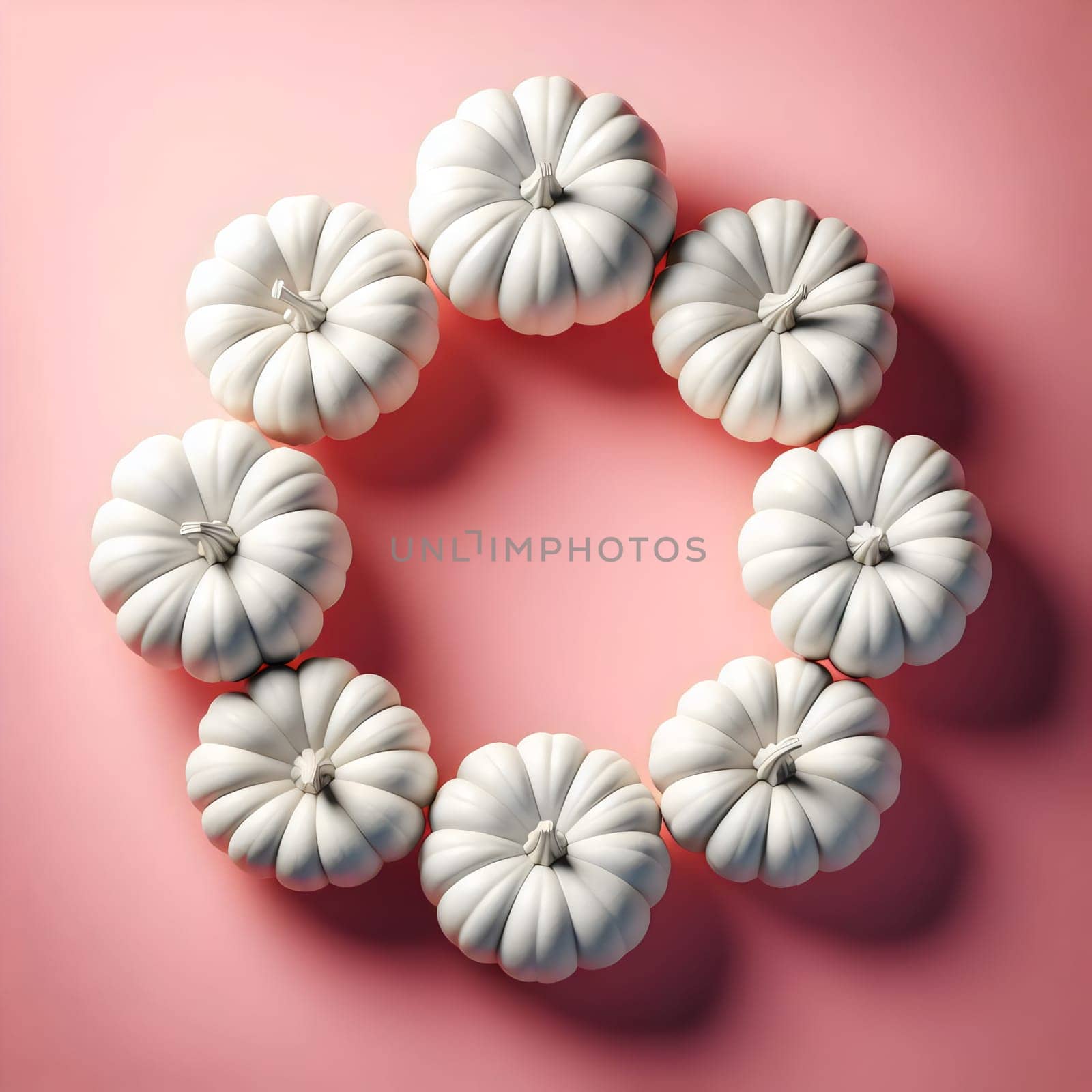 A circle of white pumpkins on a pink background. A high-quality AI-generated photo.