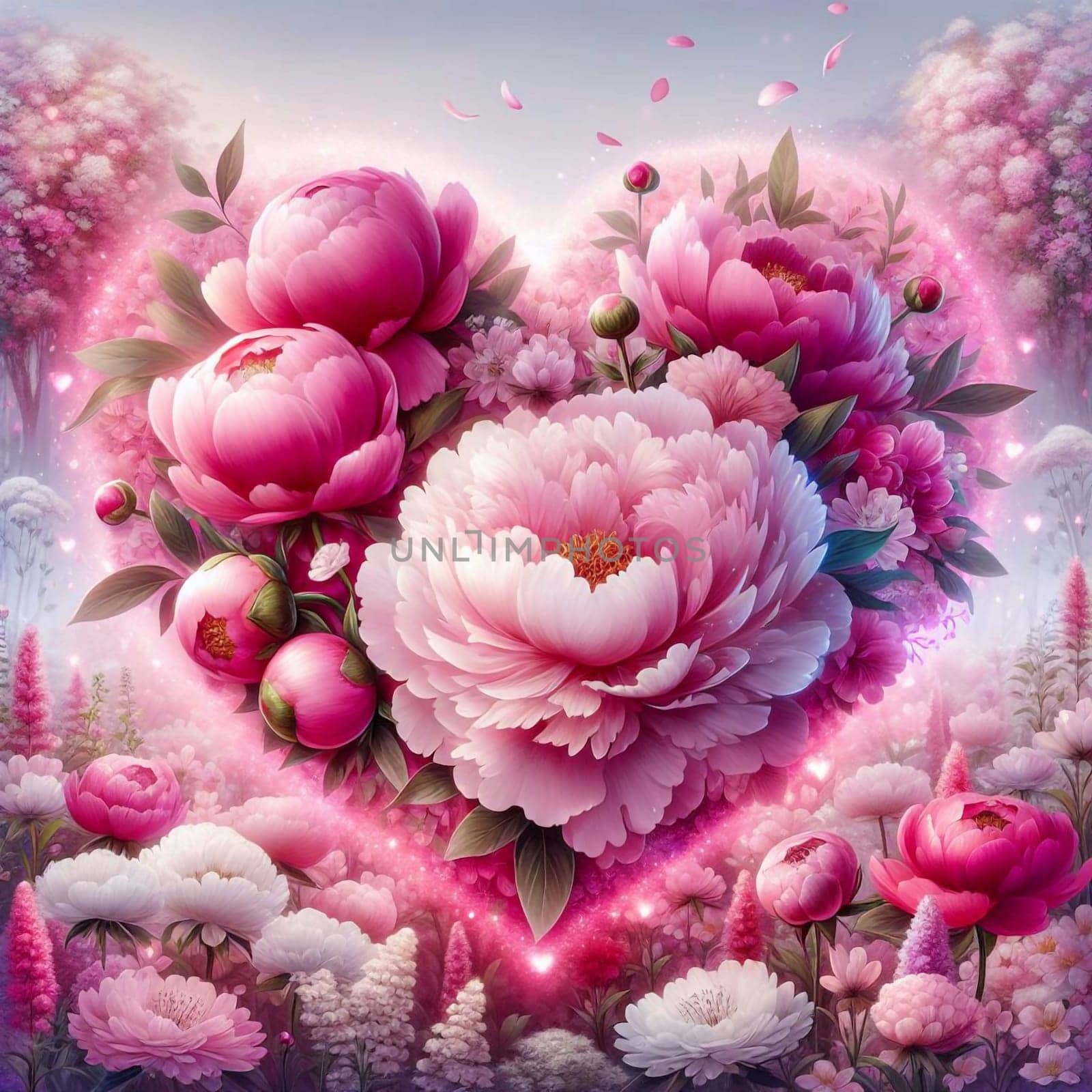 A heart-shaped cluster of pink peonies with a sparkling glow. A high-quality AI-generated photo.