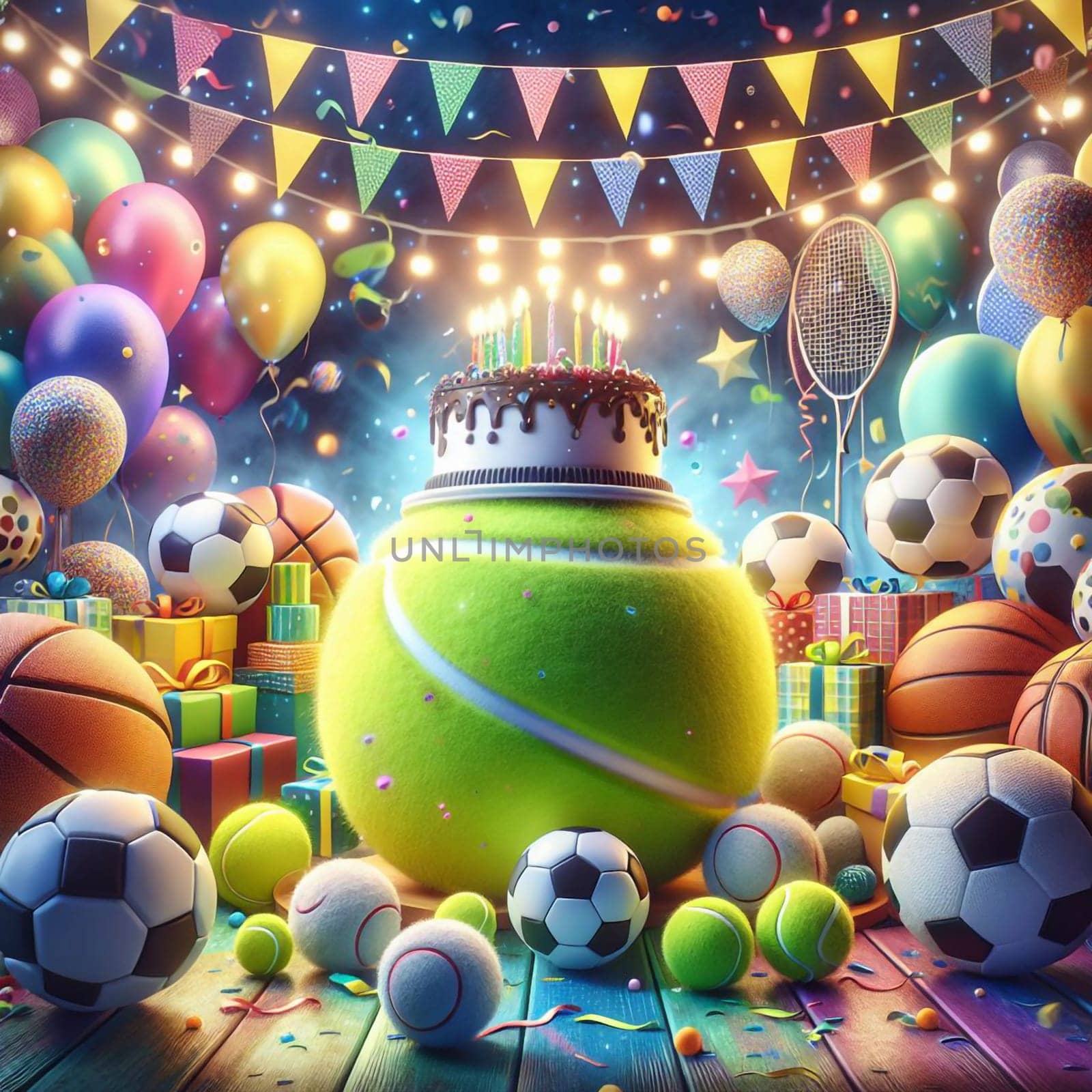 A birthday cake sitting on a giant tennis ball, surrounded by sports balls, balloons, and gifts. A high-quality AI-generated photo.