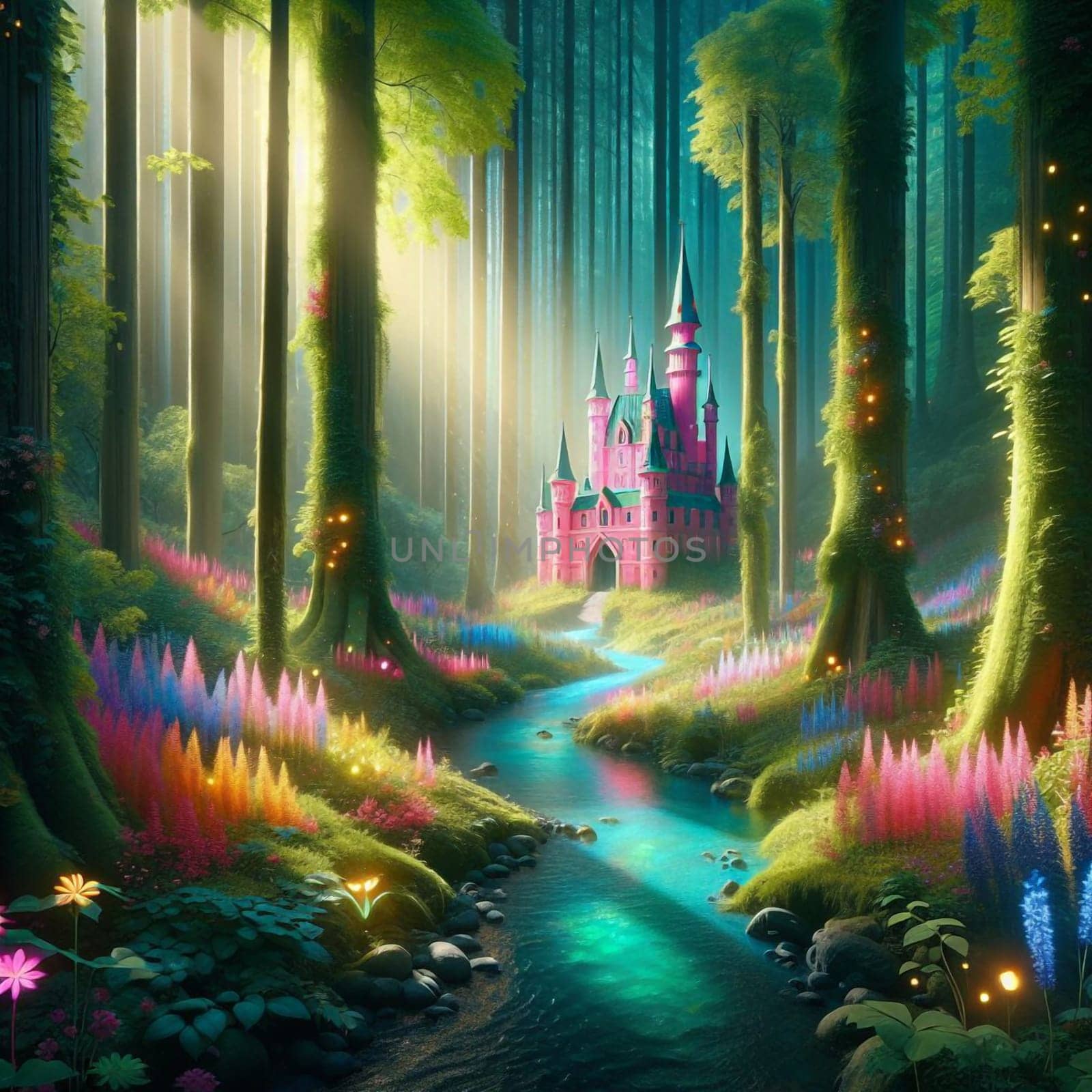 A pink castle with a path leading to it through a green forest with colorful flowers and glowing lights. A high-quality AI-generated photo.