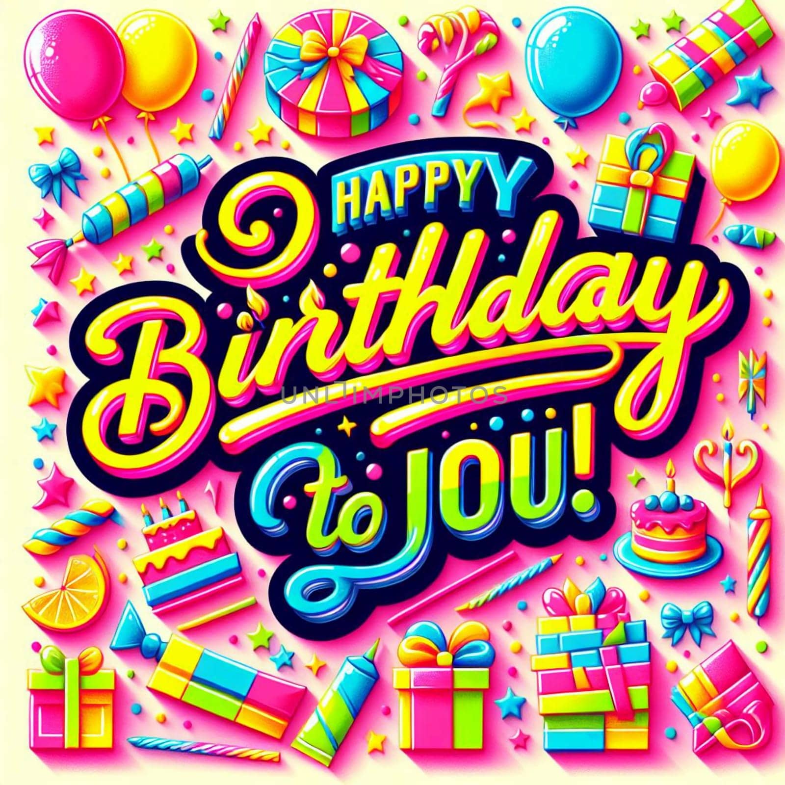 A colorful birthday greeting with a colorful background of balloons, gifts, and sweets. A high-quality AI-generated photo.