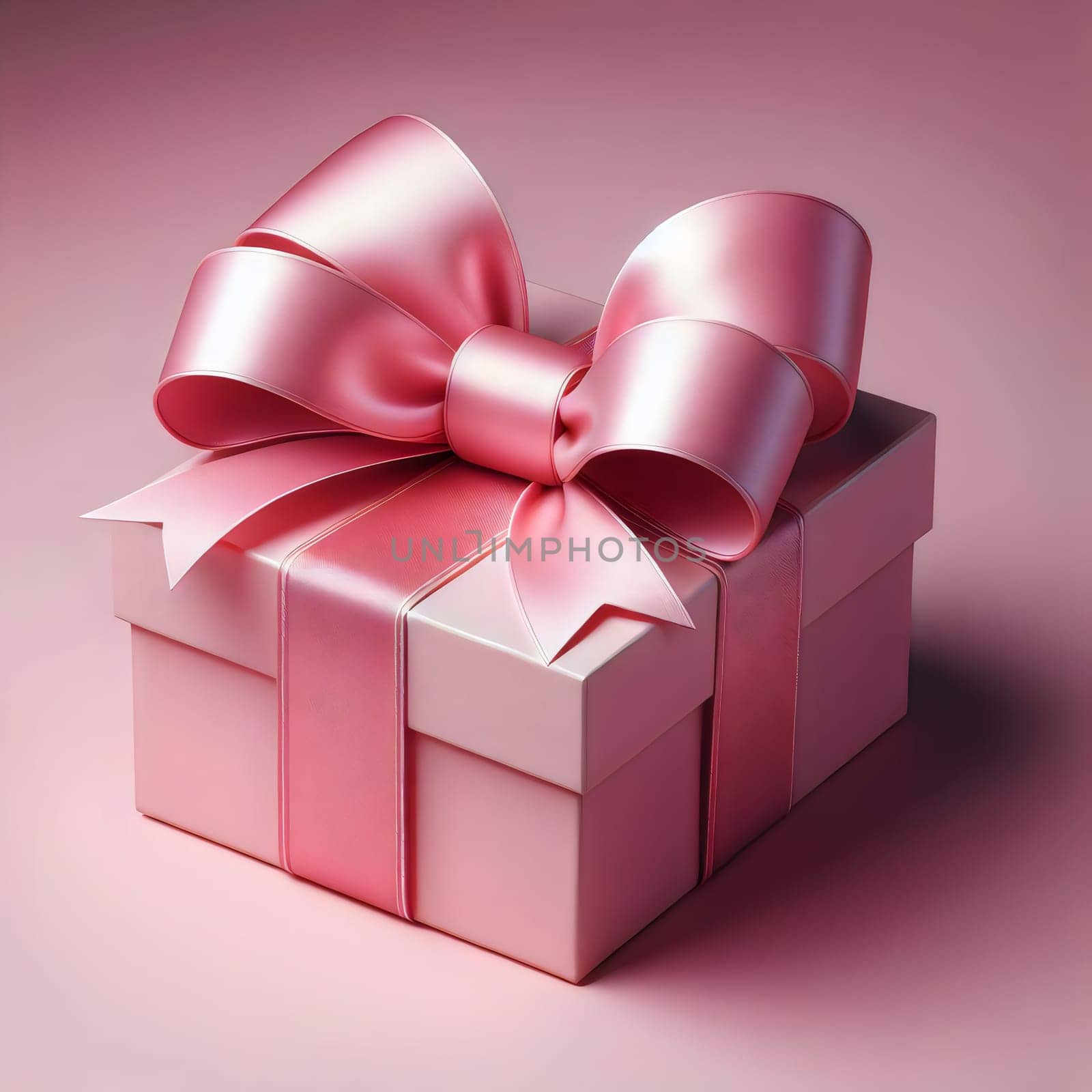 A pink gift box with a big pink bow on a pink background. A high-quality AI-generated photo.