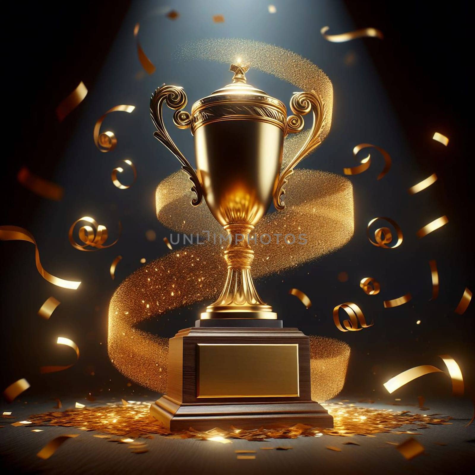 A golden trophy cup on a wooden base, surrounded by confetti and a swirling golden ribbon. The trophy is illuminated by a spotlight, creating a dramatic effect. A high-quality AI-generated photo.