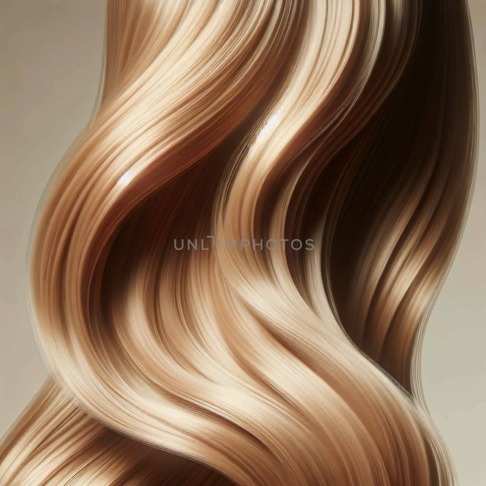A close-up of a long, flowing strand of blonde hair. The hair is styled in soft, elegant waves, with a shimmering sheen. A high-quality AI-generated photo.