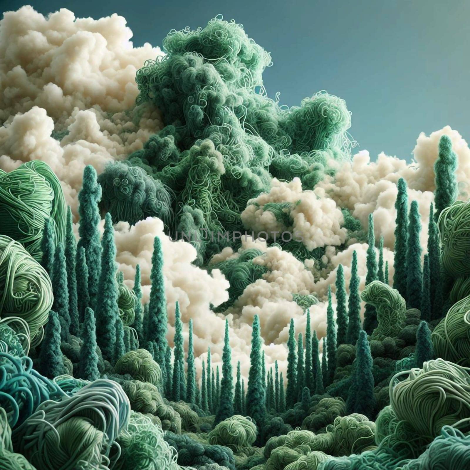 An abstract landscape made of green and white yarn, resembling a forest with towering trees and swirling clouds. A high-quality AI-generated photo.