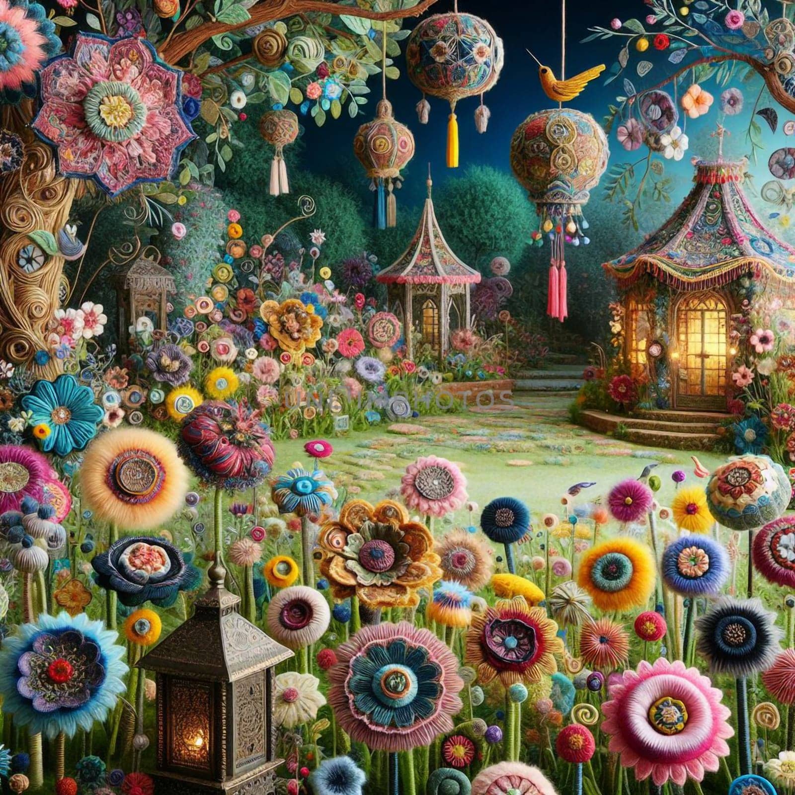 A whimsical garden scene with colorful flowers, lanterns, and a gazebo, all made of fabric. A high-quality AI-generated photo.