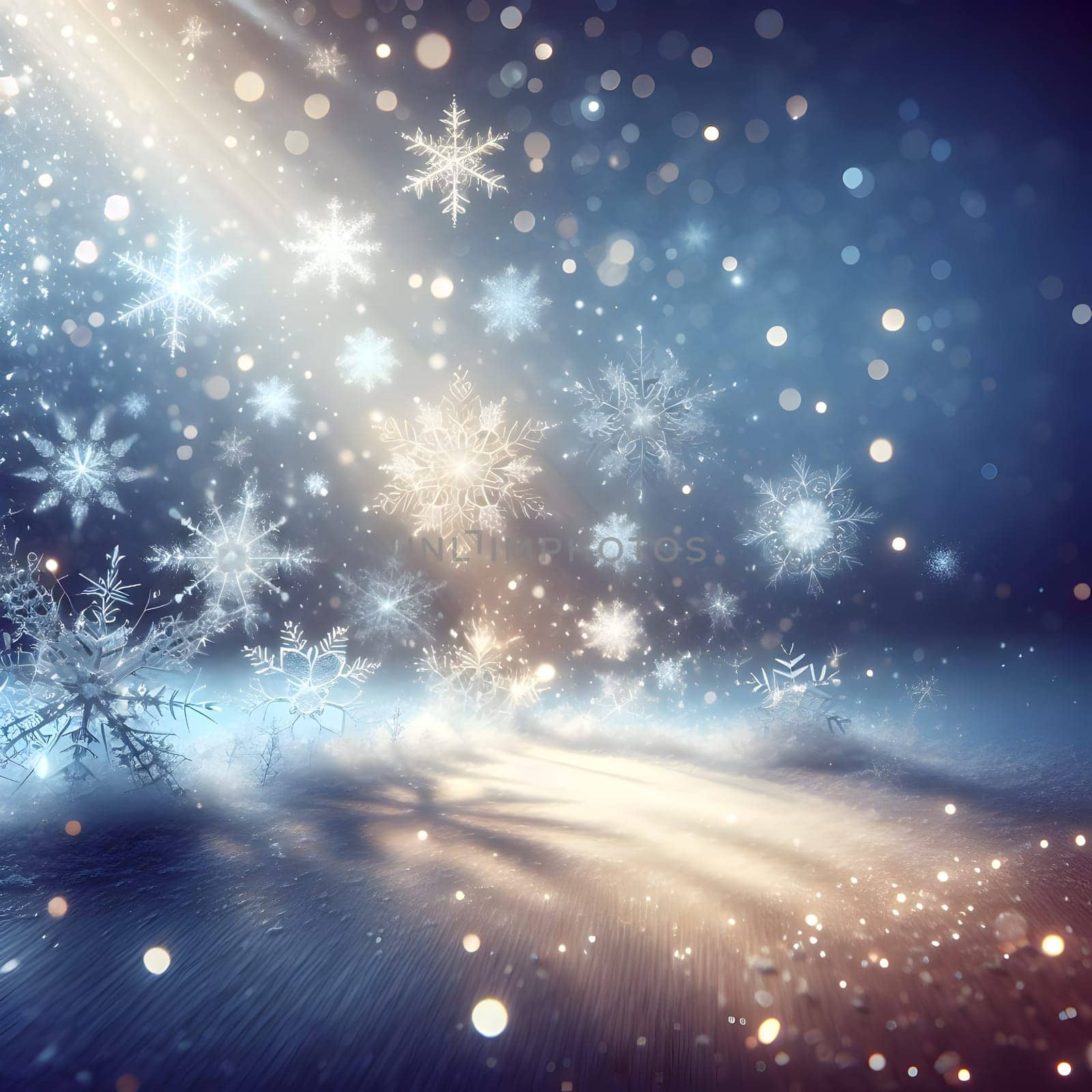 A snowy landscape with snowflakes falling and a beam of light shining down. A high-quality AI-generated photo.