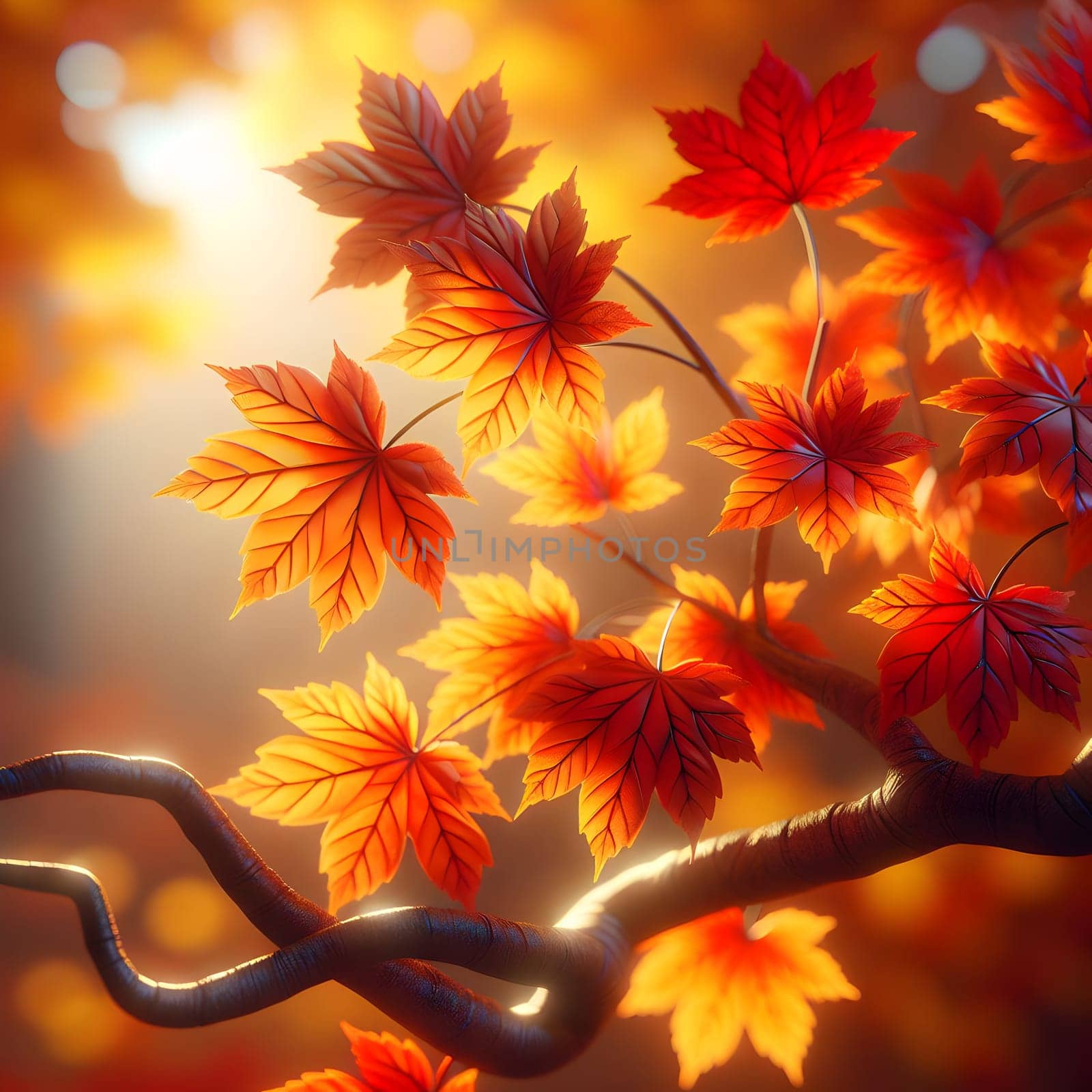 A close-up of a branch with bright orange and red maple leaves, illuminated by warm sunlight. A high-quality AI-generated photo.