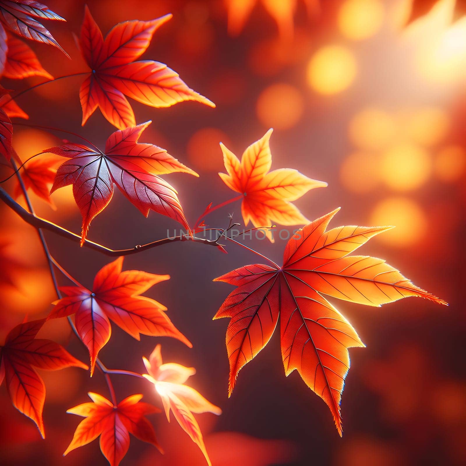 A close-up of a branch of red maple leaves with light shining through. A high-quality AI-generated photo.