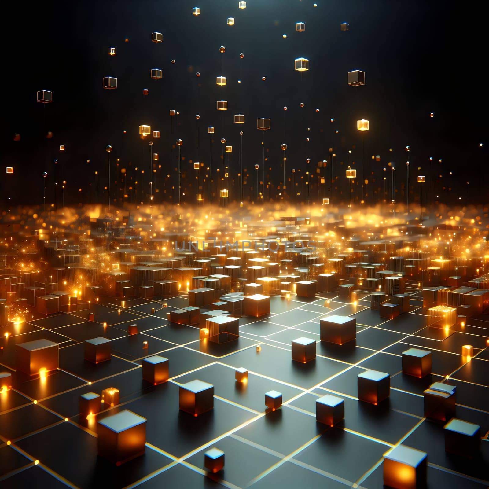 A field of glowing cubes on a dark background, with some cubes floating in the air. A high-quality AI-generated photo.