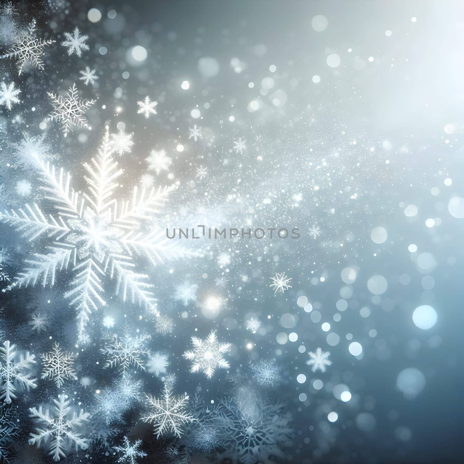 A background of delicate snowflakes falling on a silver and blue gradient, creating a wintery and magical atmosphere. A high-quality AI-generated photo.