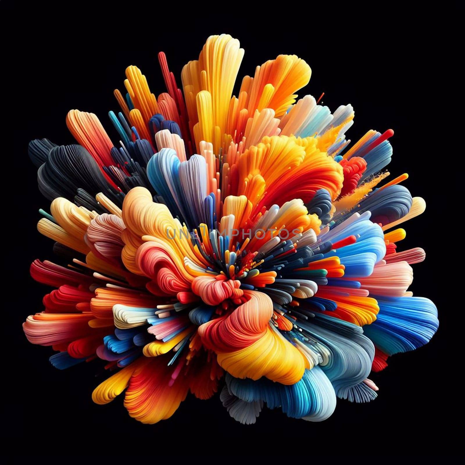 An abstract image of a colorful explosion of swirling, 3D shapes. The shapes are elongated and vibrant, resembling paint strokes or ribbons. A high-quality AI-generated photo.