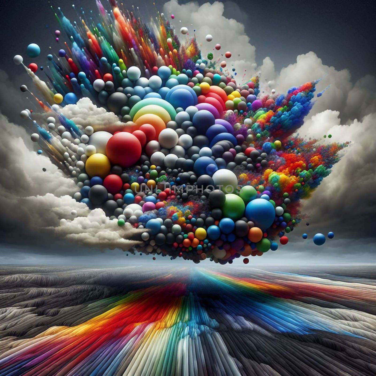 A vibrant, abstract scene with a cluster of colorful spheres floating above a swirling, rainbow-hued landscape. A high-quality AI-generated photo.