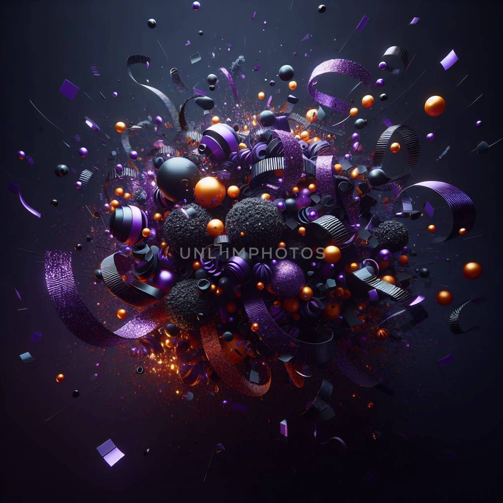A collection of black, purple, and orange spheres and ribbons exploding outwards, creating a dynamic and abstract composition. A high-quality AI-generated photo.