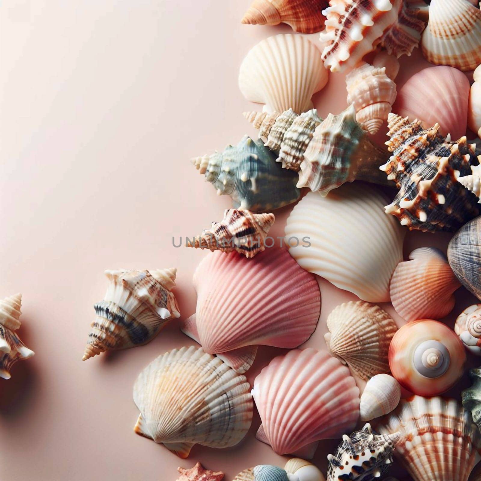 A collection of seashells of various shapes, sizes, and colors, arranged on a pink background. A high-quality AI-generated photo.