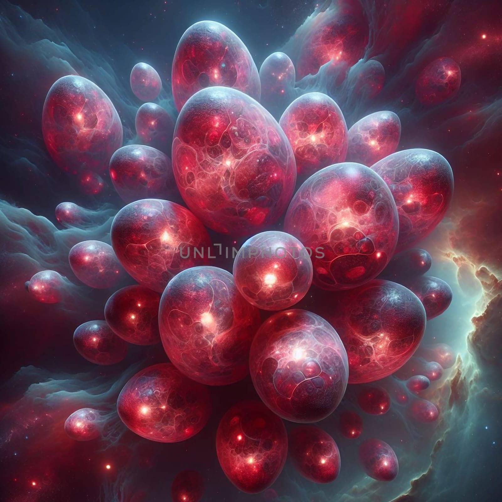 A cluster of red orbs with glowing centers, surrounded by swirling clouds and stars. A high-quality AI-generated photo.