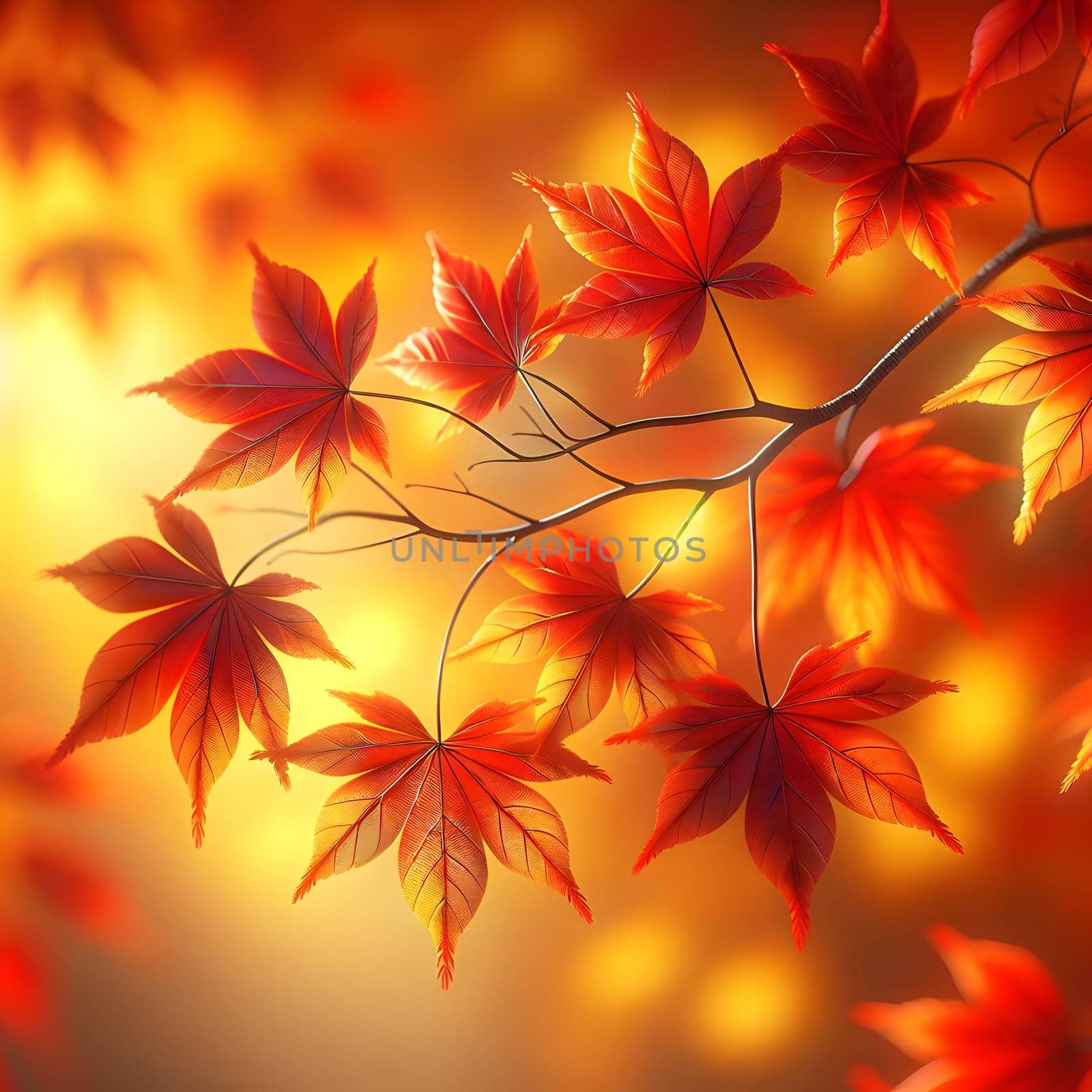 A close-up of a branch with bright orange and red maple leaves, illuminated by warm sunlight. A high-quality AI-generated photo.